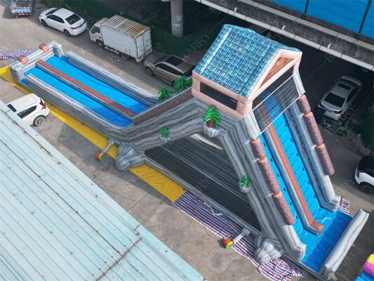 Scivolo acquatico gonfiabile gigante di grado commerciale, scivolo a doppia corsia a tema tropicale bagnato / asciutto per parchi di divertimento e festival