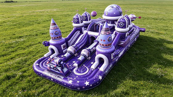Purple Galaxy Moon Base Inflatable Playground. Un castello spaziale a rimbalzo di livello commerciale con scivoli, luna e caratteristiche astronautiche.