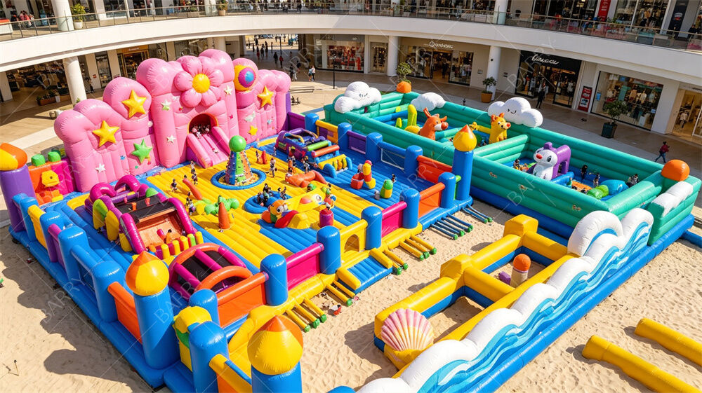 Città gonfiabile a tema pastello gigante. Parco tutto-in-uno con scivolo di fiori, zone giochi per animali e ostacoli interattivi. PVC commerciale per centri commerciali interni e festival all'aperto.