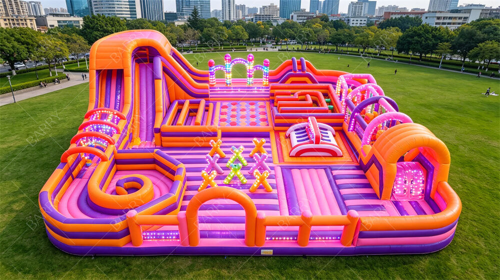 Neon Party Fun City gonfiabile All-in-One LED Light Bounce & Obstacle Course con diapositiva PVC commerciale per mercati notturni, eventi e feste a tema