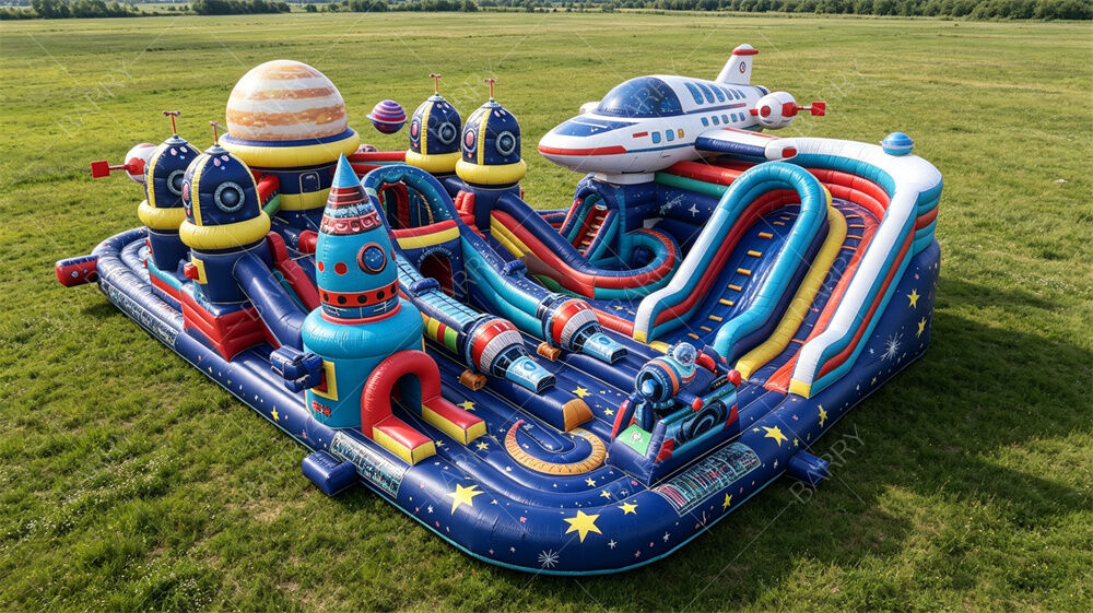 Città di divertimento gonfiabile a tema galattico. Space Shuttle e Planet Bounce Park con scivoli e ostacoli. PVC commerciale per le attività di noleggio e di shopping.