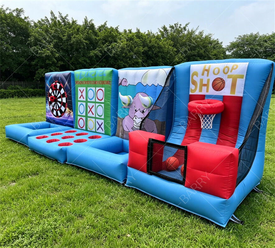 Stazione di giochi gonfiabile a 4 in 1 per il carnevale Basketball, Darts, Tic-Tac-Toe & Bullseye Challenge Combo